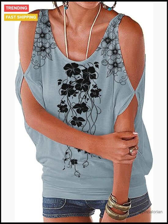 Tops - Cold Shoulder Blouse with Floral Pattern, Loose Fit, Polyester Spandex Blend